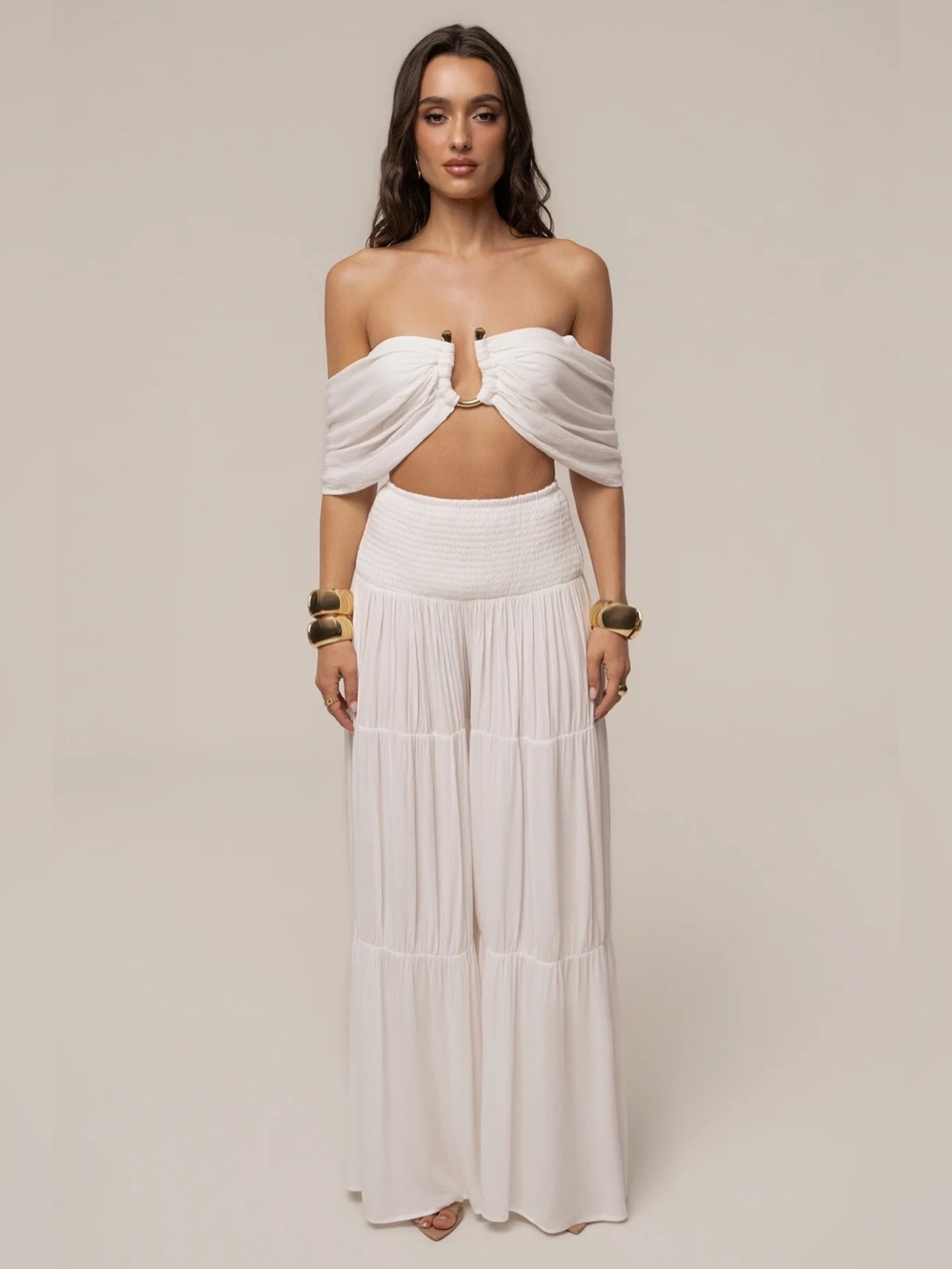 NWT MATCHING SET Ivory Hidden Gems Tier Pant Set JLUXLABEL Cream Off-Shoulder